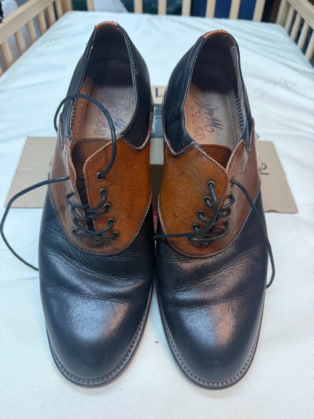 Johnston Murphy 1850 Black Cognac Saddle Oxford Shoes 10M